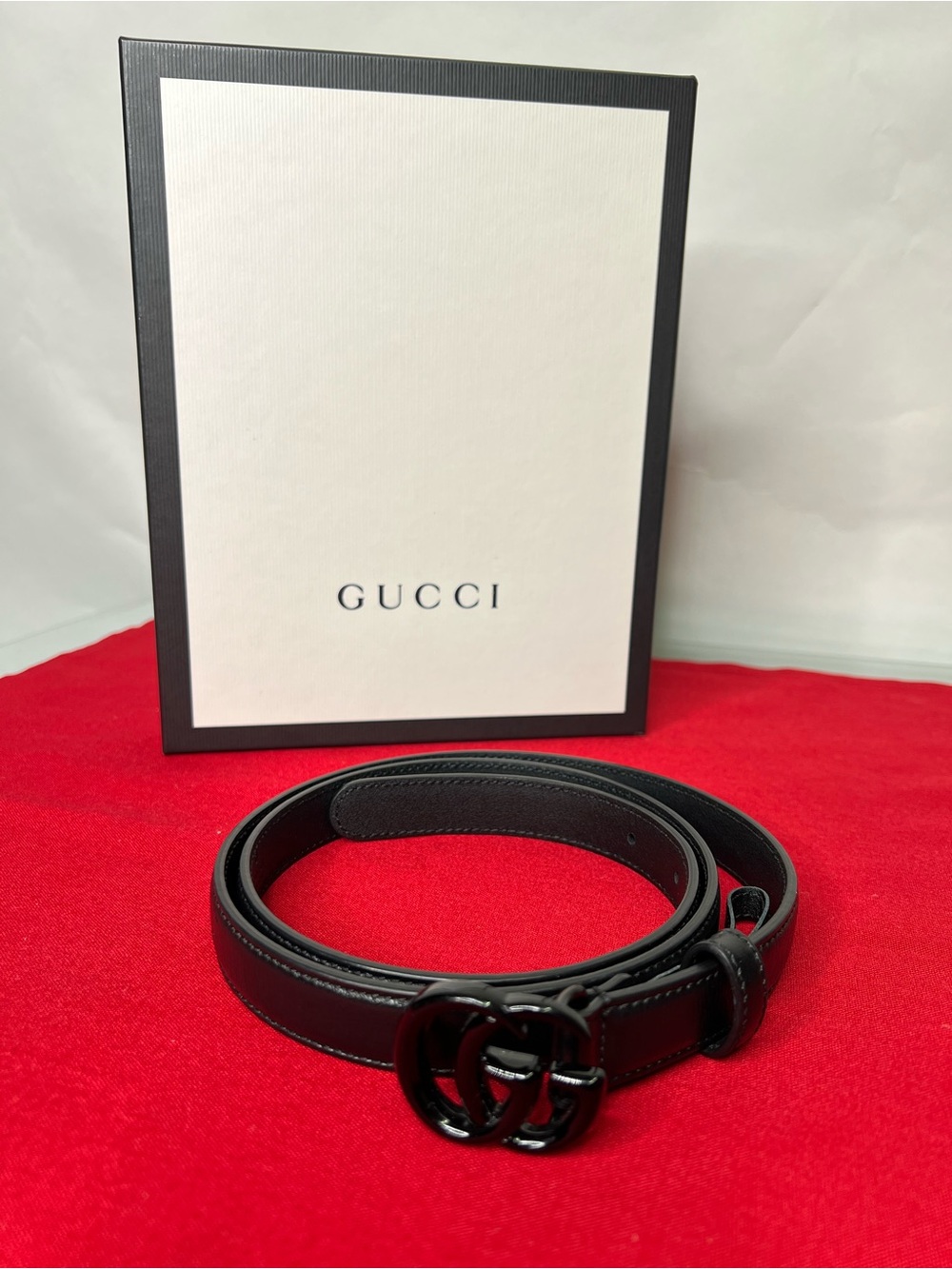 Gucci Marmont Black Leather Thin Belt Interlocking GG Buckle